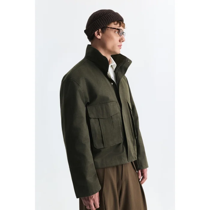 Crop Fit Stand-Up Collar Khaki Jacket - 3
