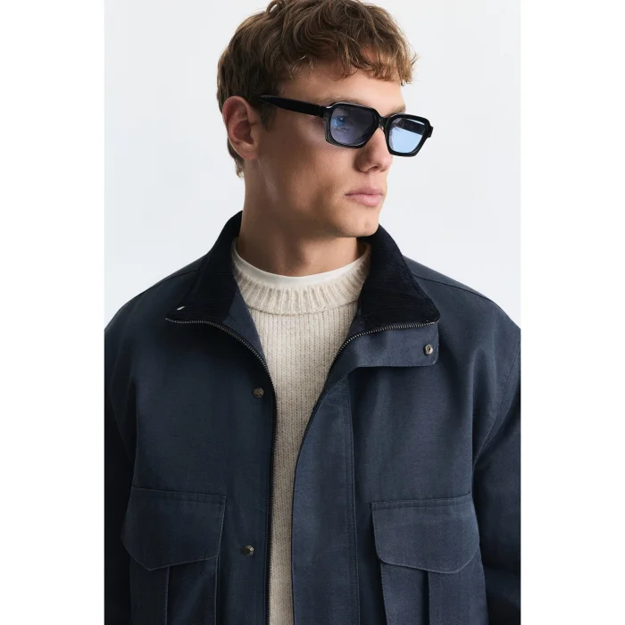 Crop Fit Stand-Up Collar Navy Blue Jacket - 4