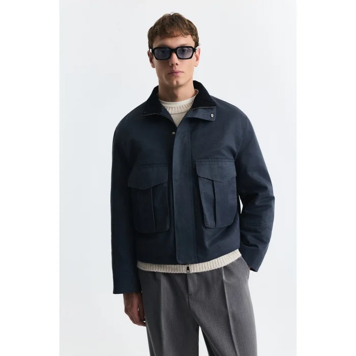 Crop Fit Stand Collar Navy Jacket - 2