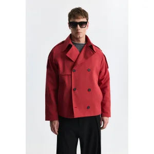 Relaxed Double-Breasted Red Trench Coat - 6