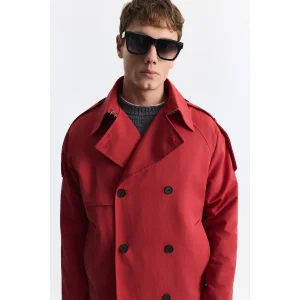 Relaxed Double-Breasted Red Trench Coat - 5