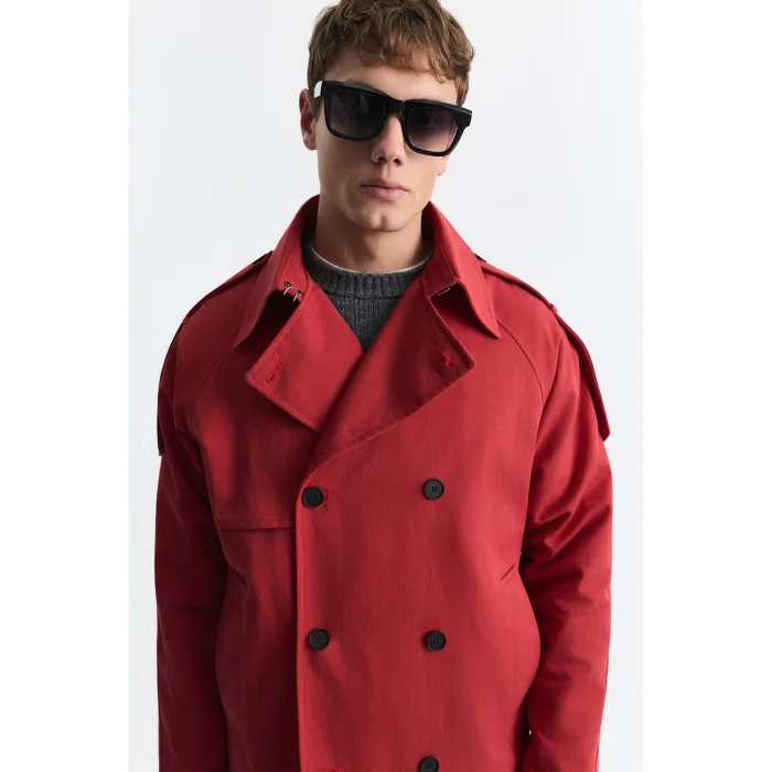 Double-Breasted Relaxed Trench Coat Red - 5