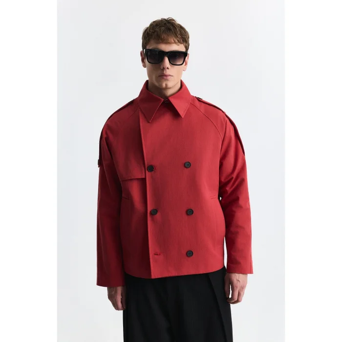 Double-Breasted Relaxed Trench Coat Red - 2