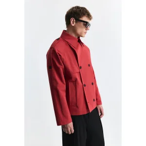 Relaxed Double-Breasted Red Trench Coat - 3