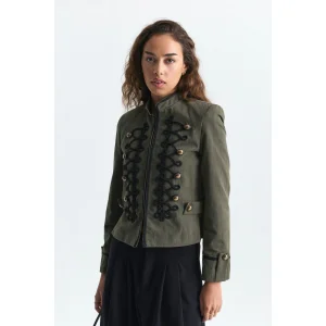 Embroidered Khaki Jacket with Fancy Button Details - 1