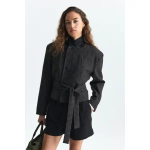Checkered Padded Belted Blazer Jacket - 2