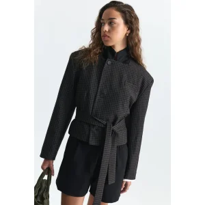 Padded Shoulder Checked Belted Jacket - 5