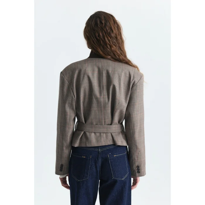 Plaid Padded Shoulder Belted Short Jacket - 2