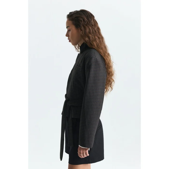 Padded Shoulder Checked Belted Jacket - 4