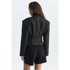 Checkered Padded Belted Blazer Jacket - 3