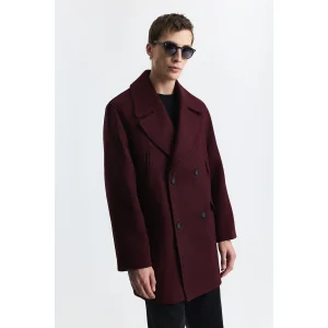 Wool Blend Double-Breasted Coat Burgundy - 2