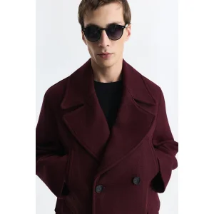 Wool Blend Double-Breasted Burgundy Coat - 5