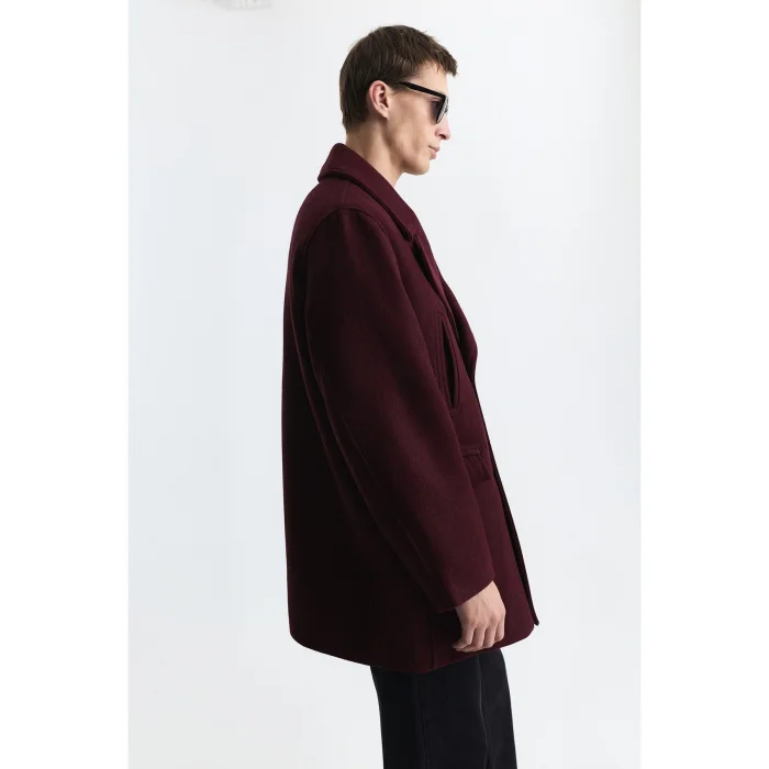 Wool Blend Double-Breasted Coat Burgundy - 4