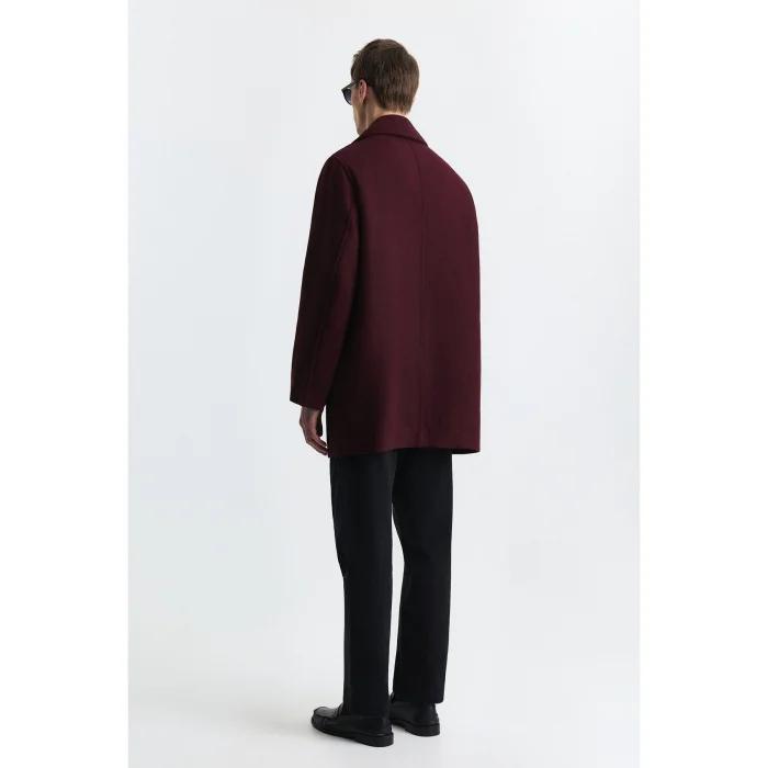 Wool Blend Double-Breasted Coat Burgundy - 3