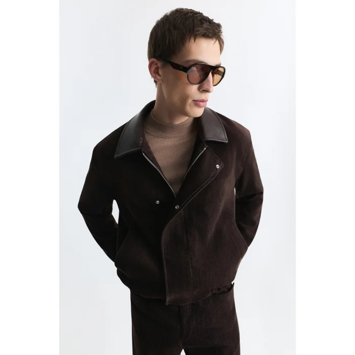 Relax Fit Contrast Collar Brown Jacket - 4