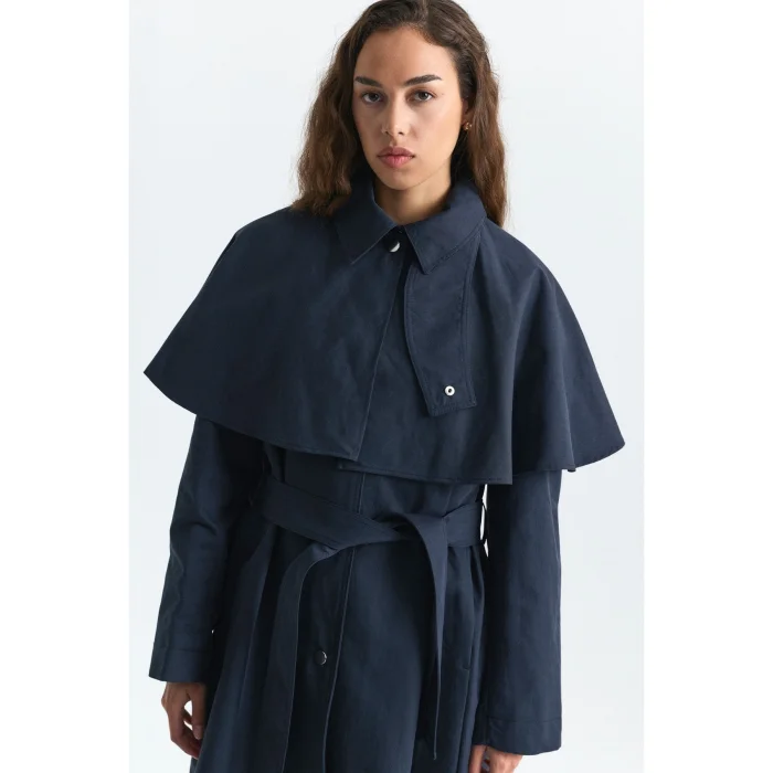 Cape Long Trench Coat Navy Blue - 4