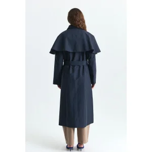 Cape Long Trench Coat Navy Blue - 2