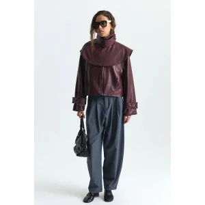 Shawl Collar Burgundy Faux Leather Jacket - 1