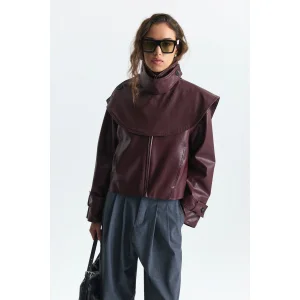 Shawl Collar Faux Leather Burgundy Jacket - 2