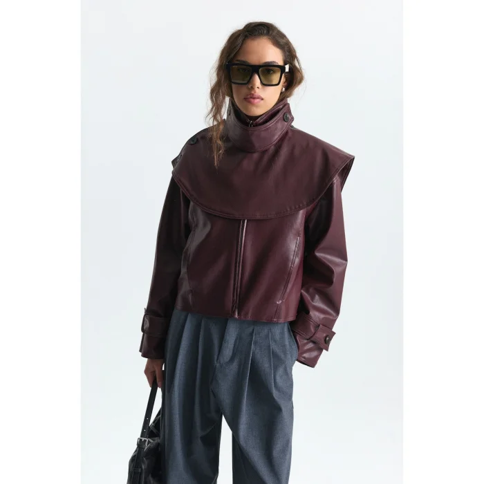 Shawl Collar Burgundy Faux Leather Jacket - 2
