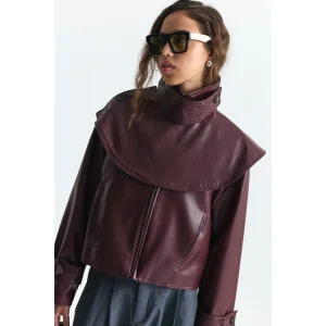 Shawl Collar Faux Leather Burgundy Jacket - 5