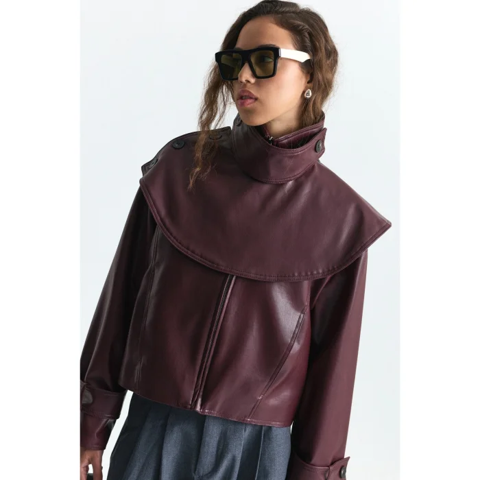 Shawl Collar Burgundy Faux Leather Jacket - 5