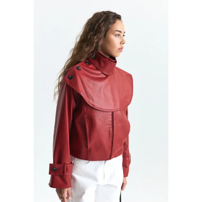 Shawl Collar Faux Leather Red Jacket - 2