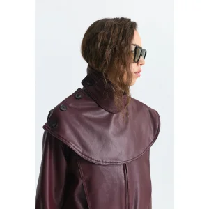 Shawl Collar Burgundy Faux Leather Jacket - 6