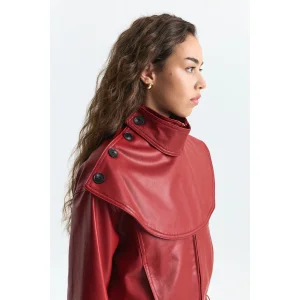 Shawl Collar Faux Leather Red Jacket - 6