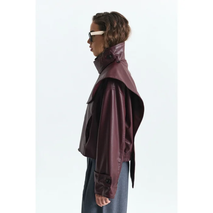 Shawl Collar Burgundy Faux Leather Jacket - 4