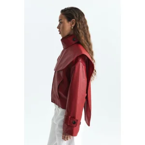Shawl Collar Faux Leather Red Jacket - 4
