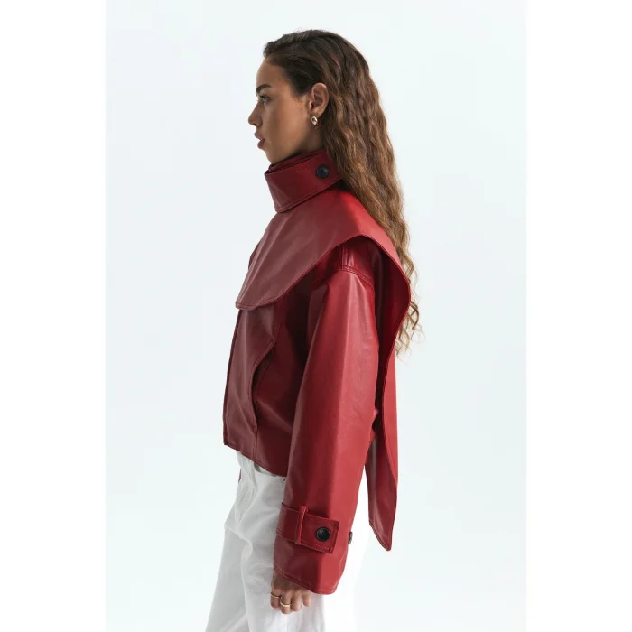 Shawl Collar Faux Leather Red Jacket - 4