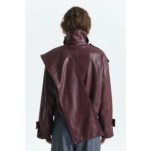 Shawl Collar Burgundy Faux Leather Jacket - 3