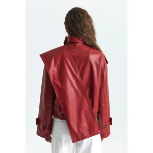 Shawl Collar Faux Leather Red Jacket - 2