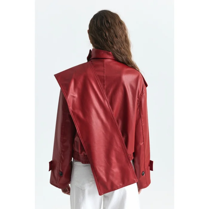 Shawl Collar Faux Leather Red Jacket - 3