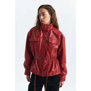 Faux Leather Red Bomber Jacket - 1