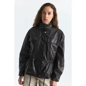 Brown Faux Leather Bomber Jacket - 1