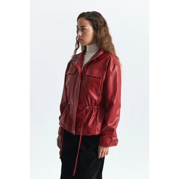 Faux Leather Red Bomber Jacket - 2