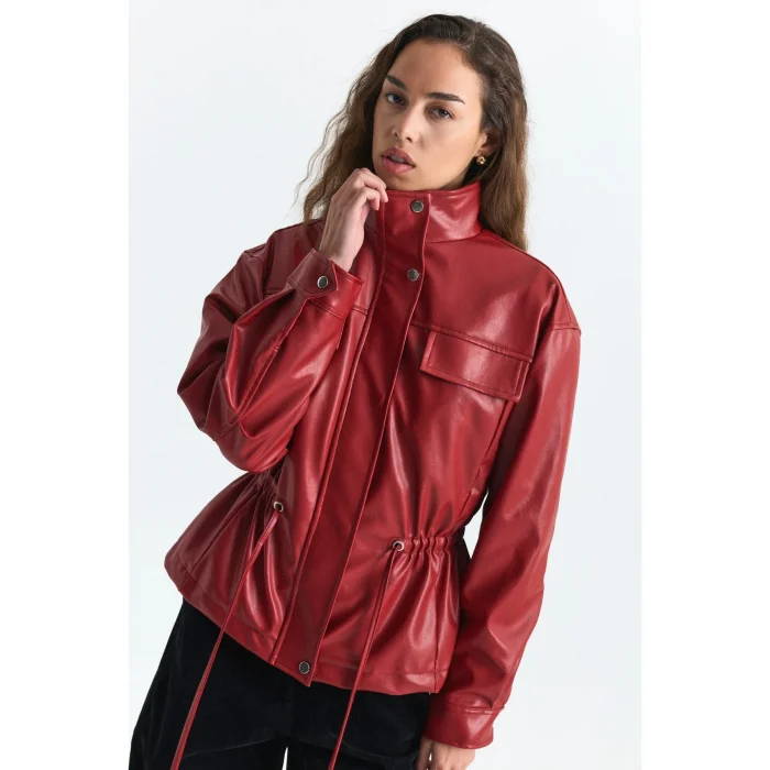 Faux Leather Red Bomber Jacket - 5