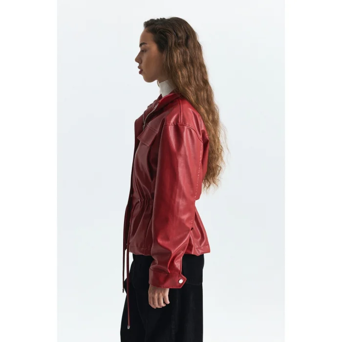 Faux Leather Red Bomber Jacket - 4