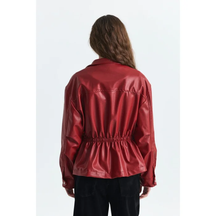 Faux Leather Red Bomber Jacket - 3