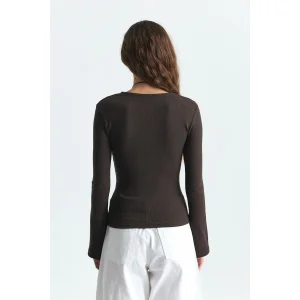 Batwing Sleeve Ribbed Brown Blouse - 3