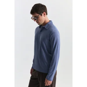Regular Fit Polo Neck Long Sleeved Indigo T-shirt - 4