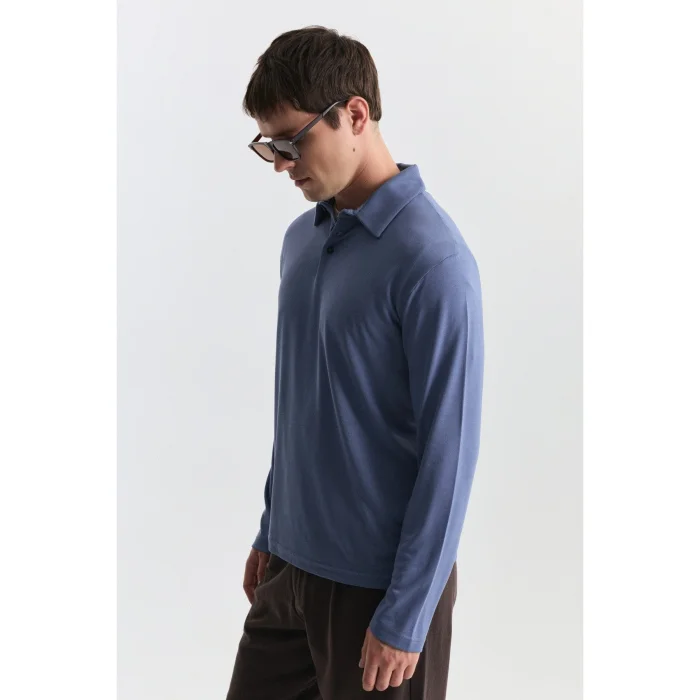 Regular Fit Polo Neck Long Sleeved Indigo T-shirt - 4