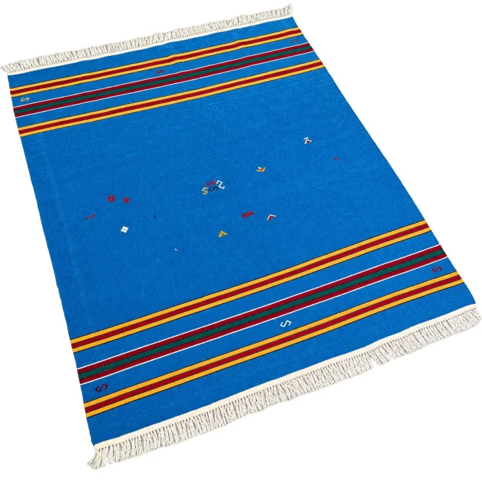 Vintage Blue Patterned Çanakkale Handwoven Kilim Rug - 1