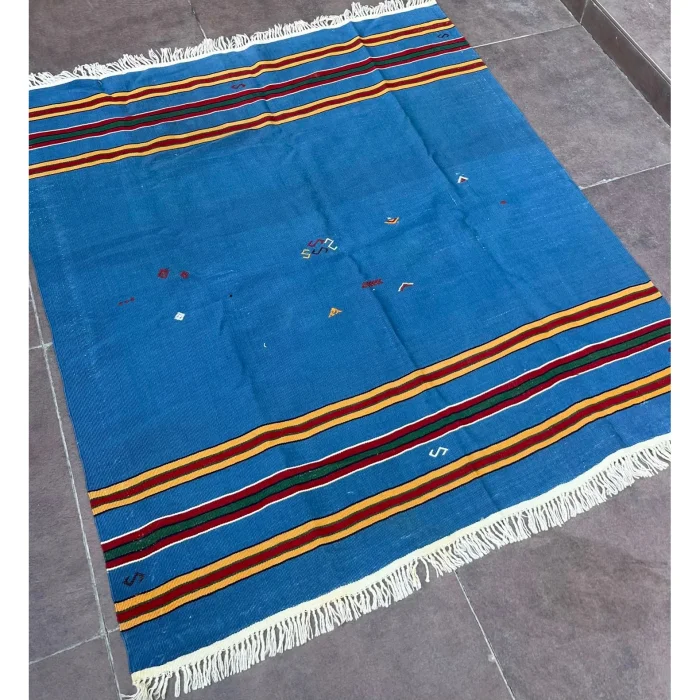 Vintage Blue Patterned Çanakkale Handwoven Kilim Rug - 2