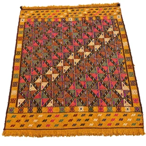Vintage Yellow Geometric Çanakkale Hand-Woven Kilim - 1