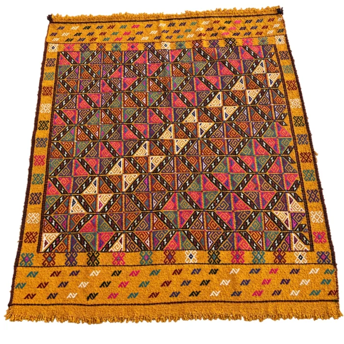 Vintage Yellow Geometric Çanakkale Hand-Woven Kilim - 1