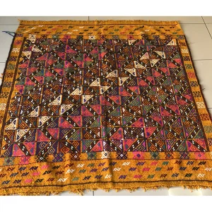 Vintage Yellow Geometric Çanakkale Hand-Woven Kilim - 3