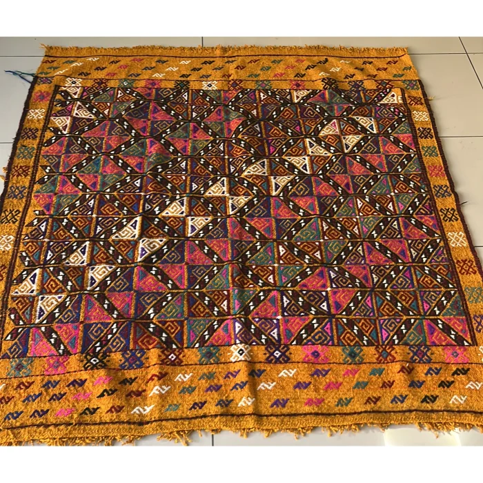 Vintage Yellow Geometric Çanakkale Hand-Woven Kilim - 3